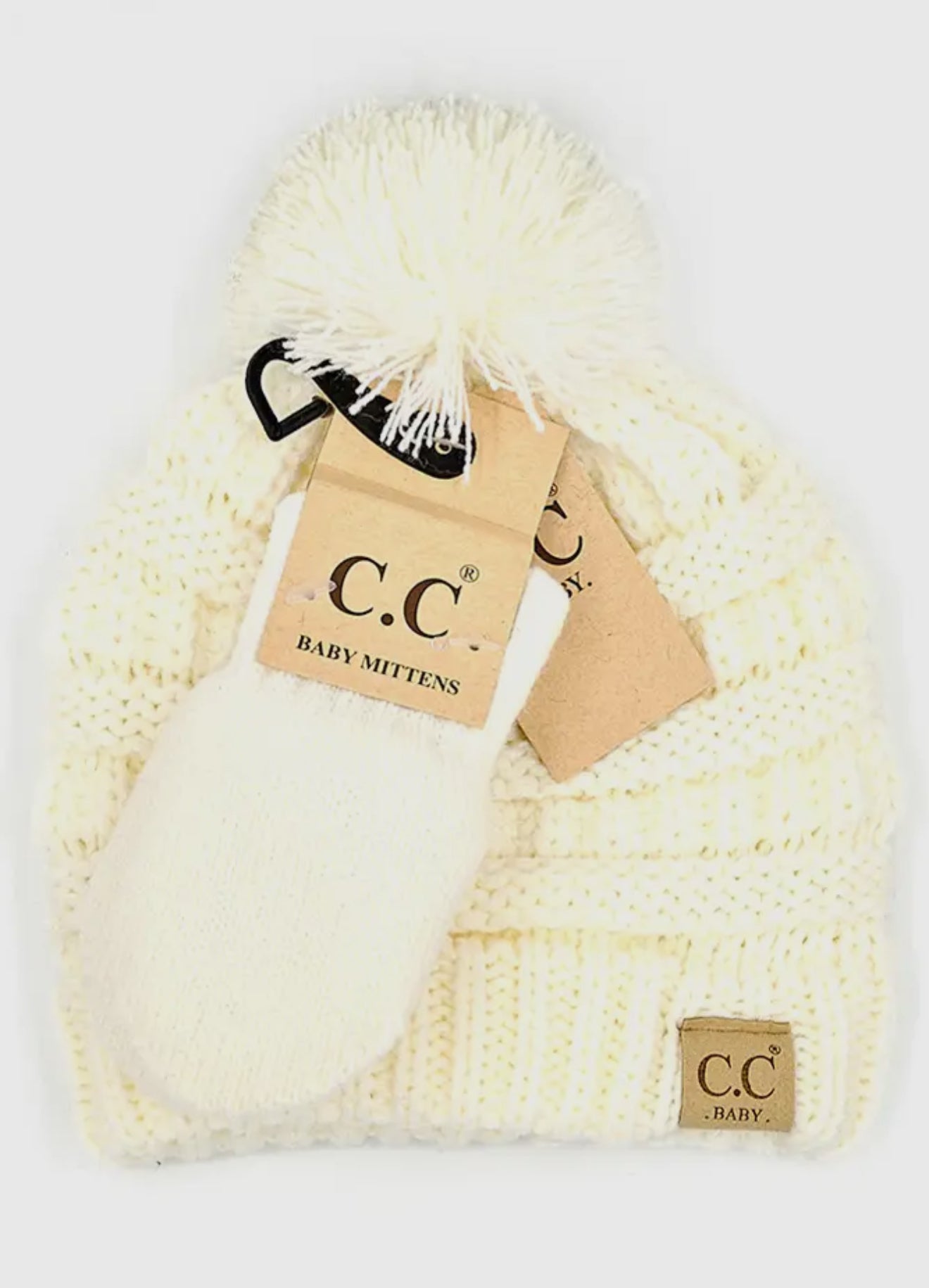 C.C Baby Solid Ribbed Pom Beanie and Mitten Set
