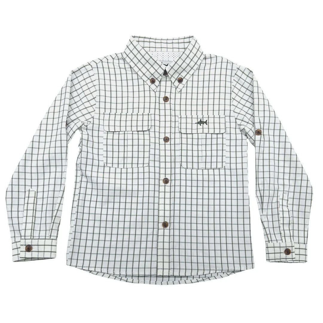 Flagler Boys Fishing Shirt Olive and White Plaid