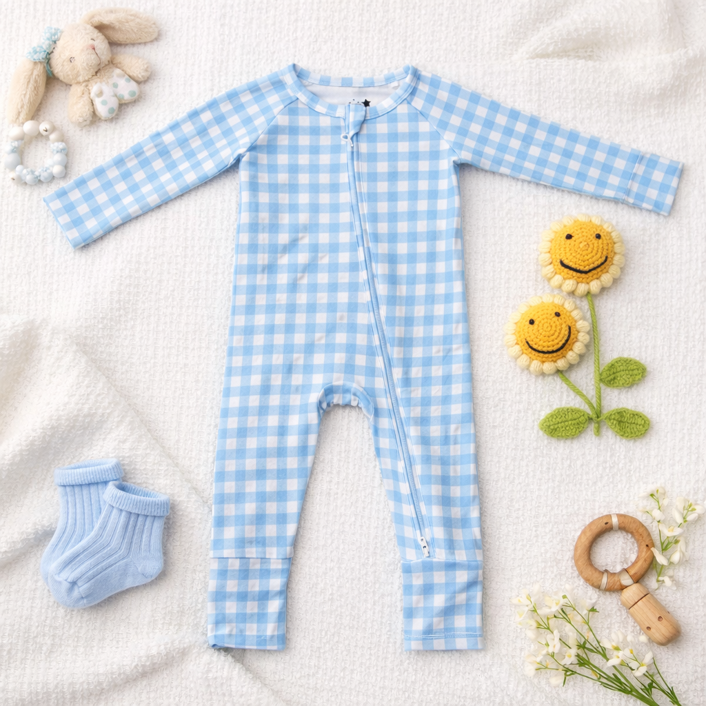 Blue Gingham 2way Zip Romper