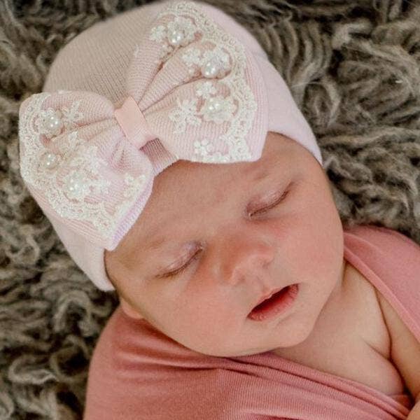 Ilybean Pink Newborn Hospital Hat with Lace and Pearl Trim