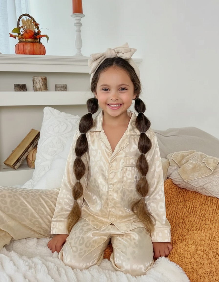 Cream Leopard Print Silk Girl’s Pajama