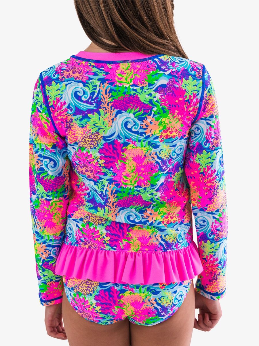 Neon Orange Coral Long Sleeve Rash Guard 2 Piece Seimsuit