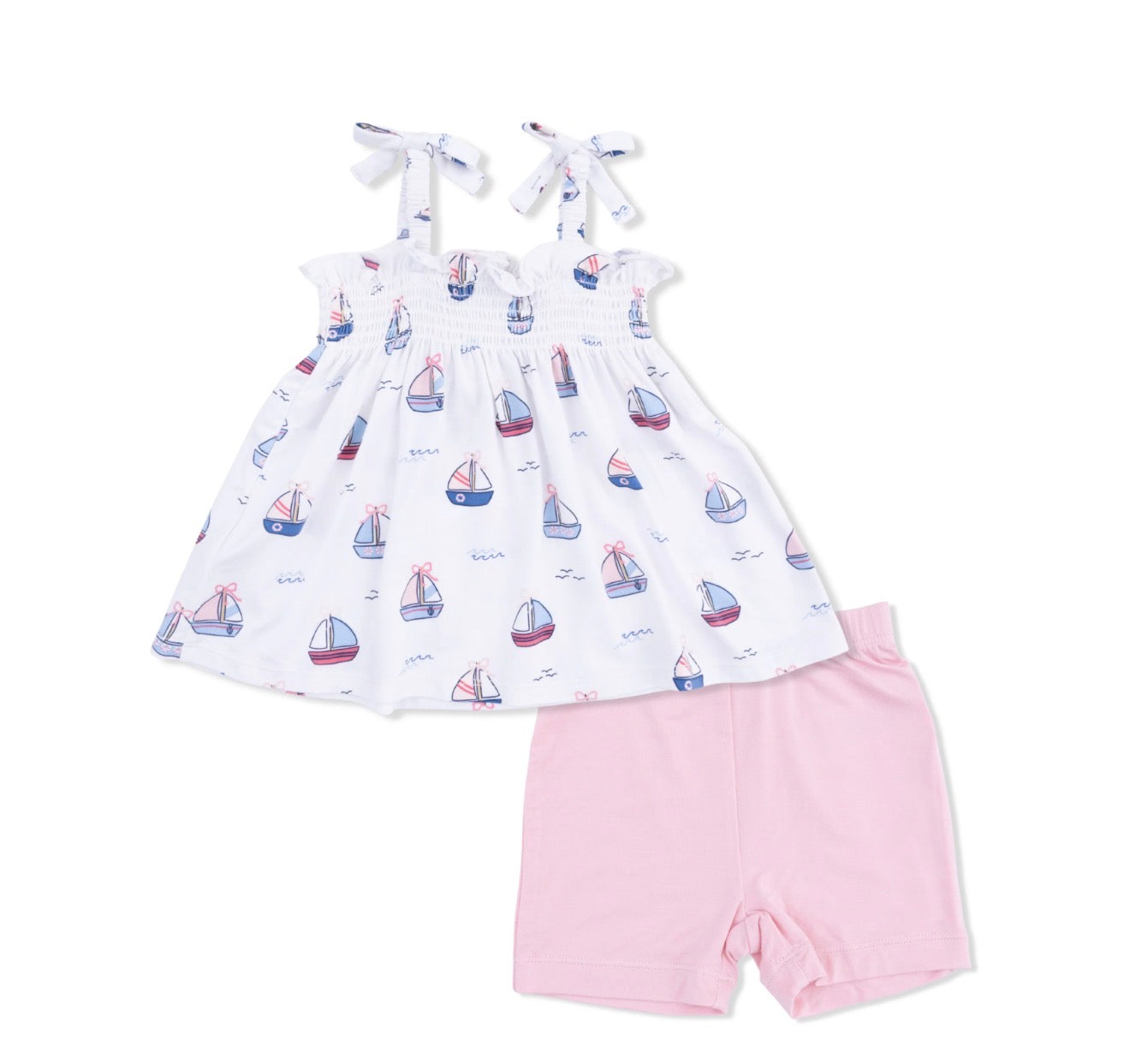 Bubbly Sailboats Pink Smocked Top And Bike Short Set