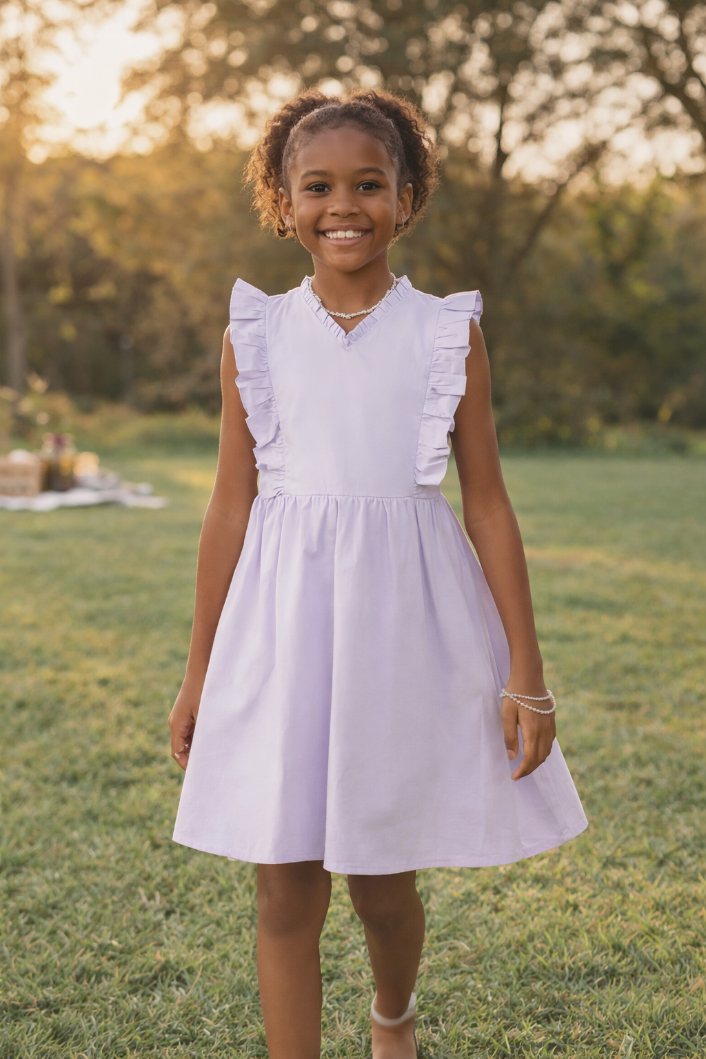 Girls V Neck Lilac Poplin Dress