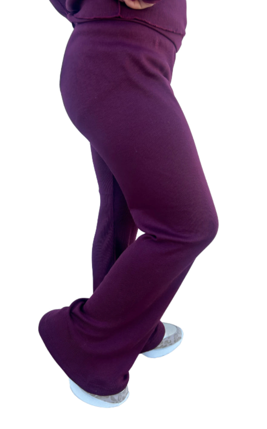 Maroon Ribbed Flare Pants
