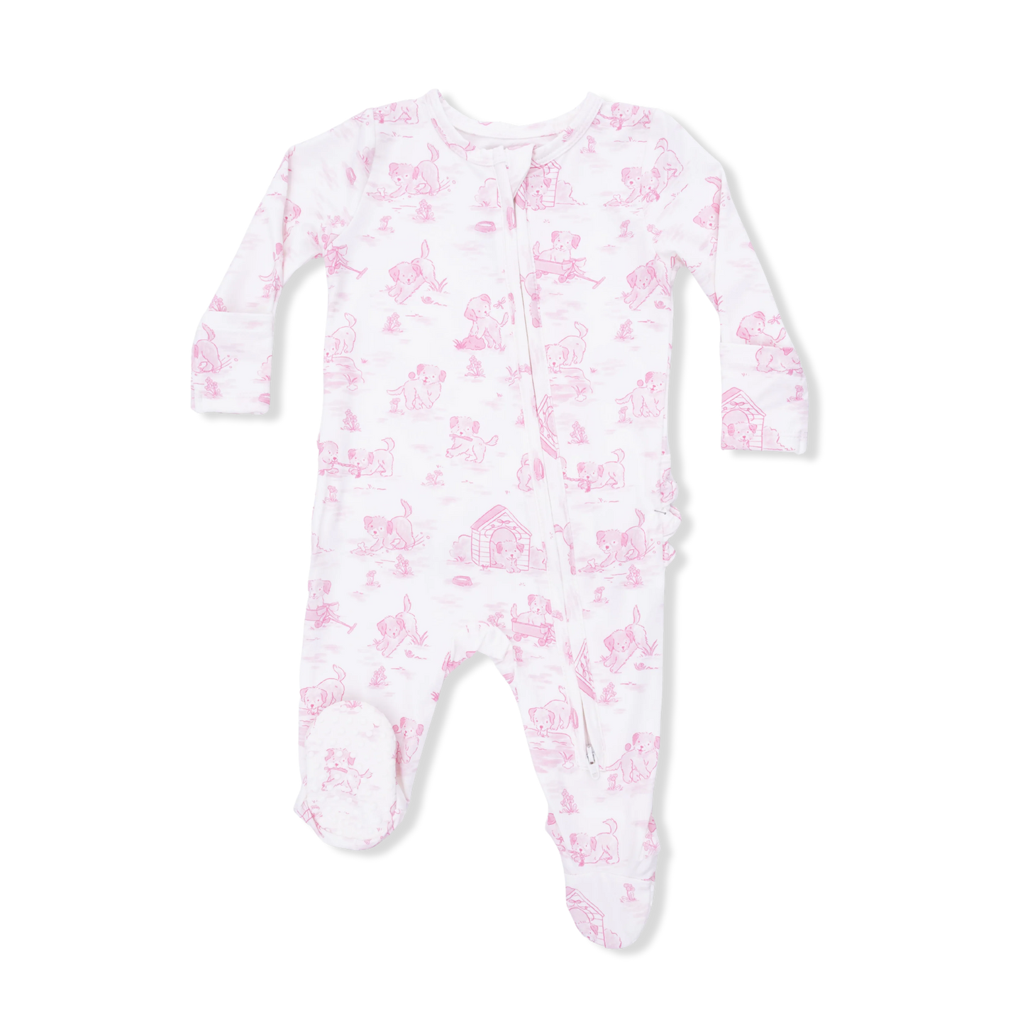 Puppy Pink Toile Ruffle Footie