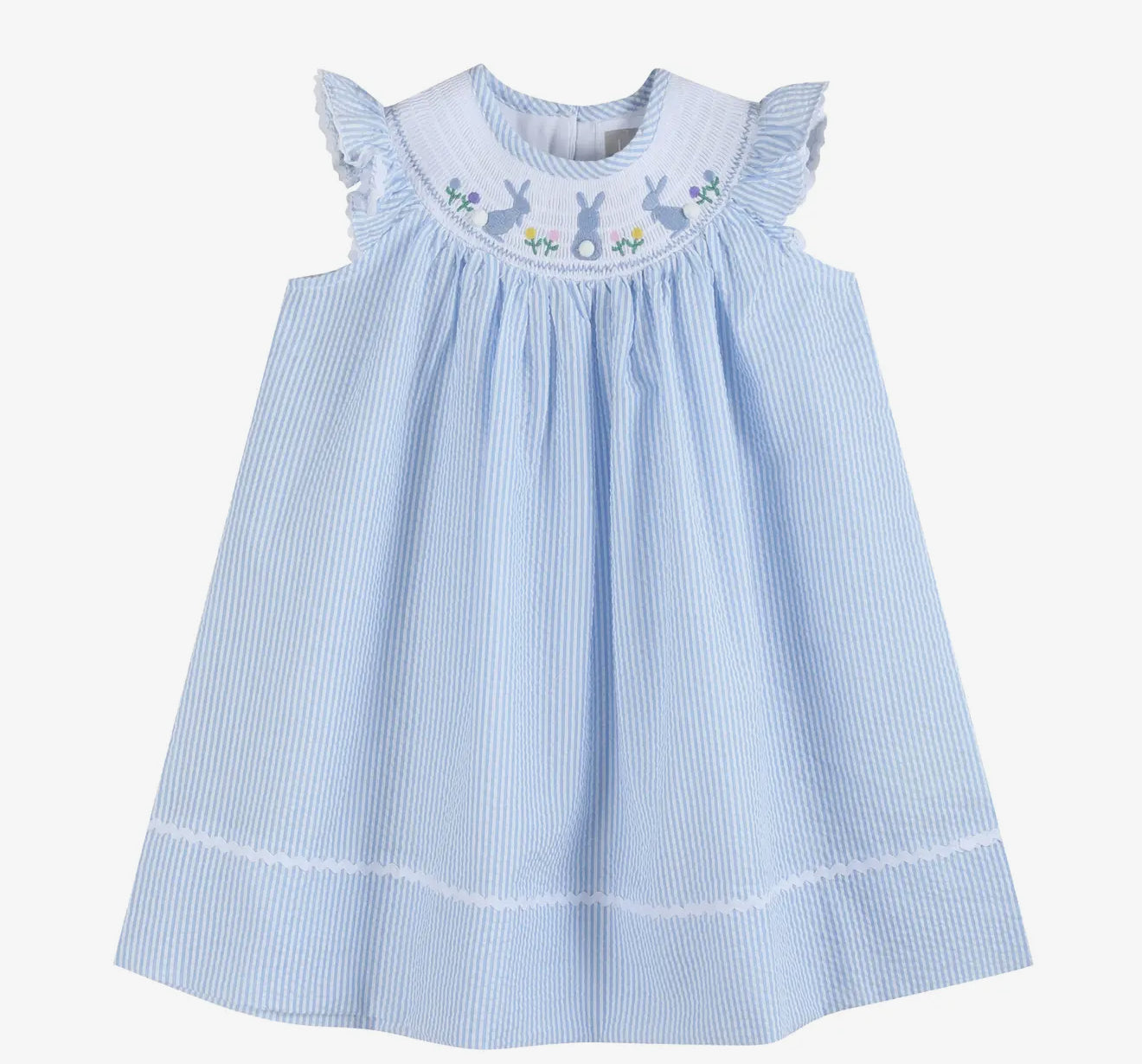 Light Blue Seersucker Easter Bunny Smocked Bishop Dress