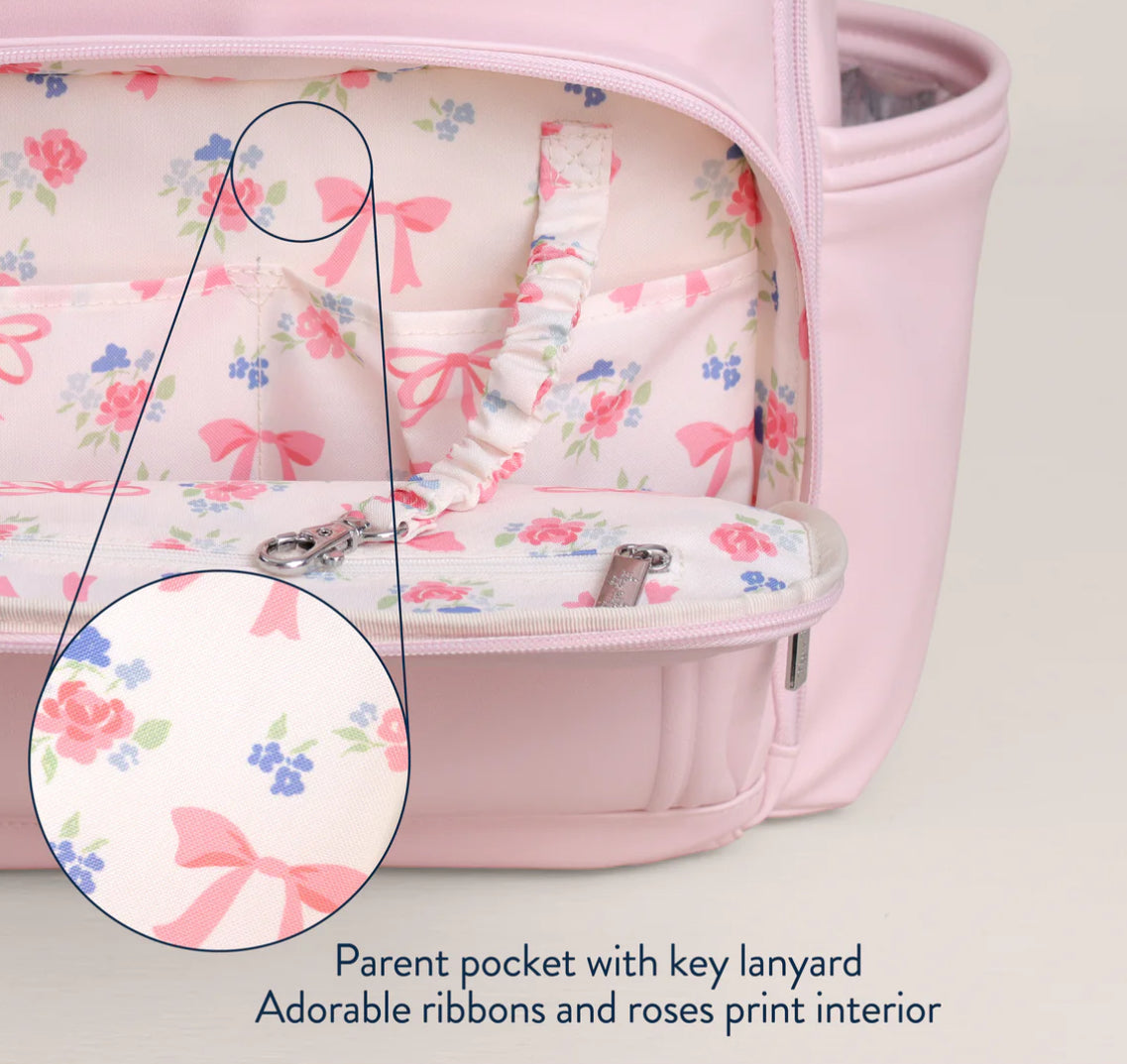 Boss Plus Backpack Diaper Bag with Pink Ribbons and Roses