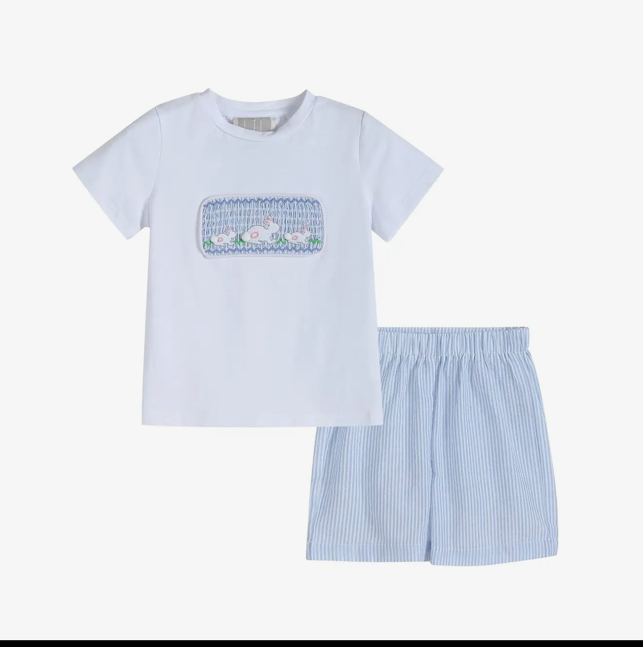 Blue Seersucker Bunnies Smocked Shirt and Boy Short Set