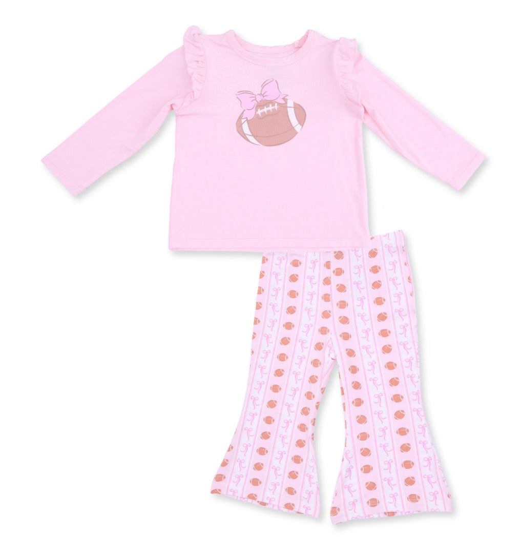 Football Bow Stripe- Ling Sleeve Ruffle Tee and Baby Bells