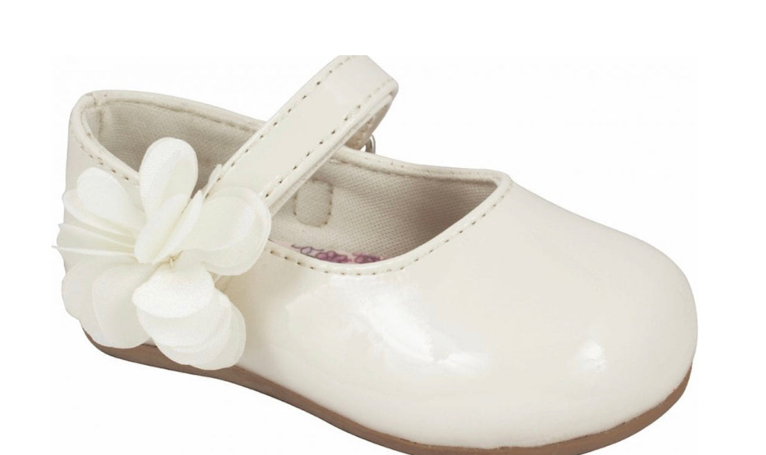 Ivory Patent Dress Shoe with Chiffon Flower