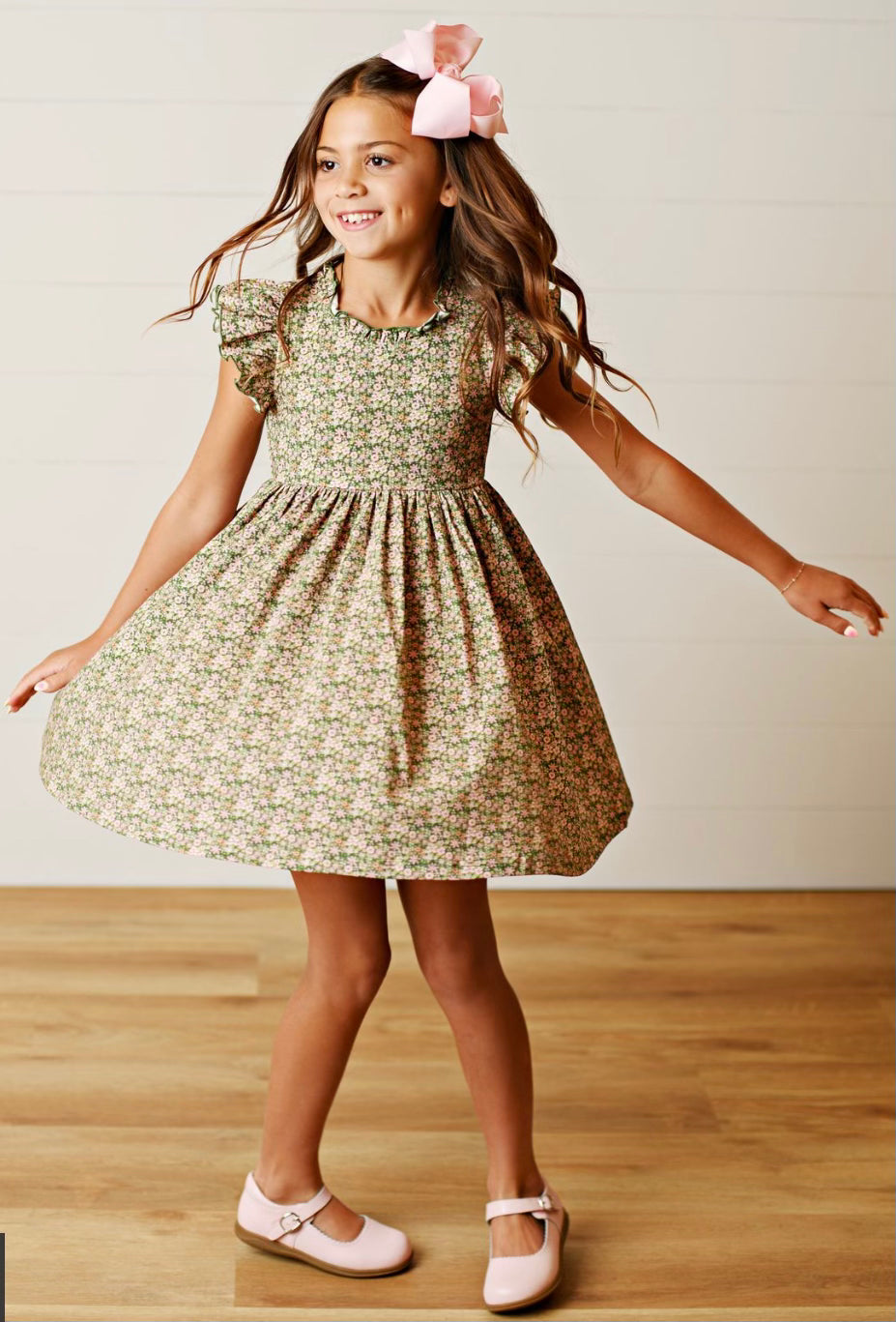 Olive Floral Flutter Dress