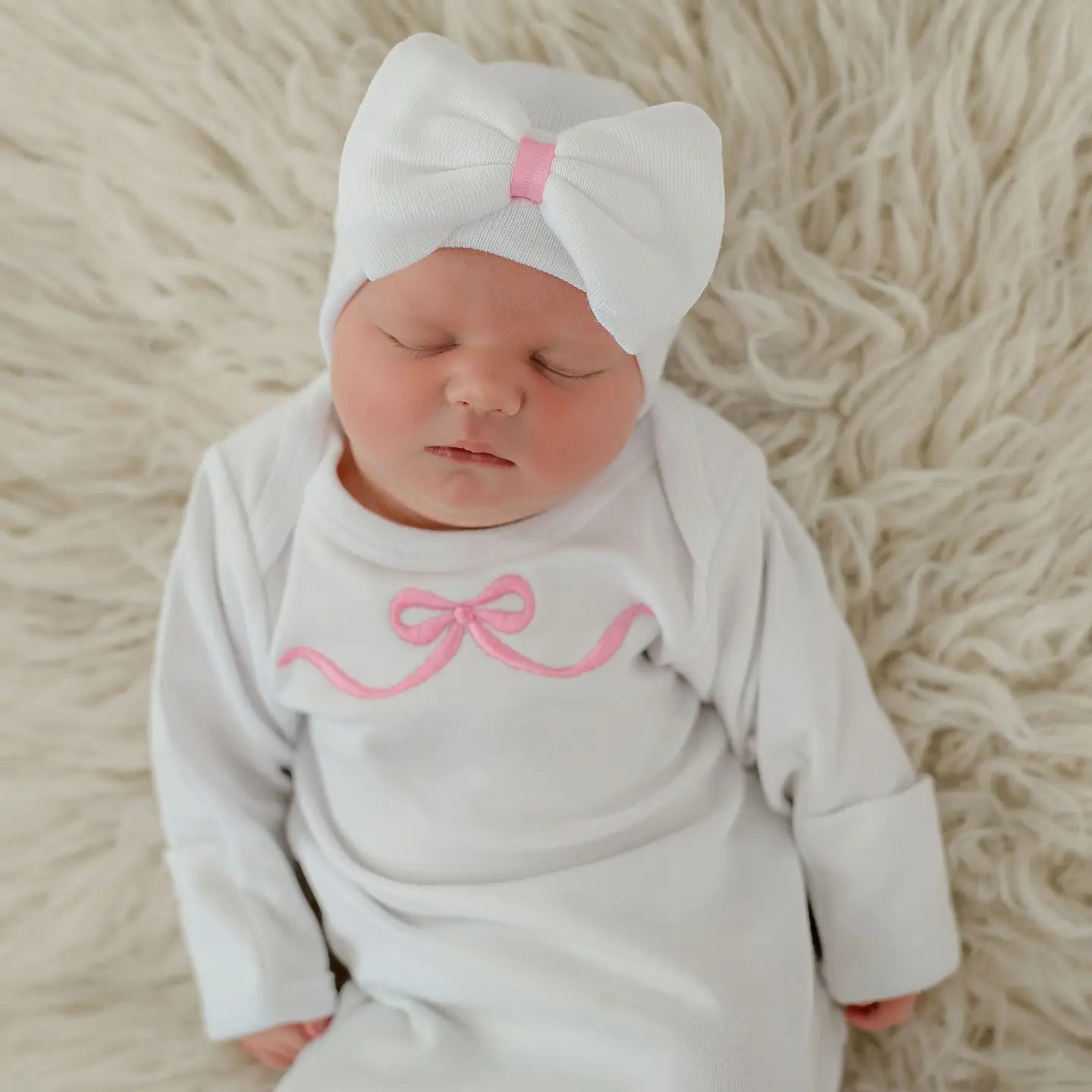 Pink Bow White Gown with Matching Bow Hat Newborn Girl Set