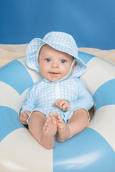 Baby Blue Gingham Rashguard With Hat