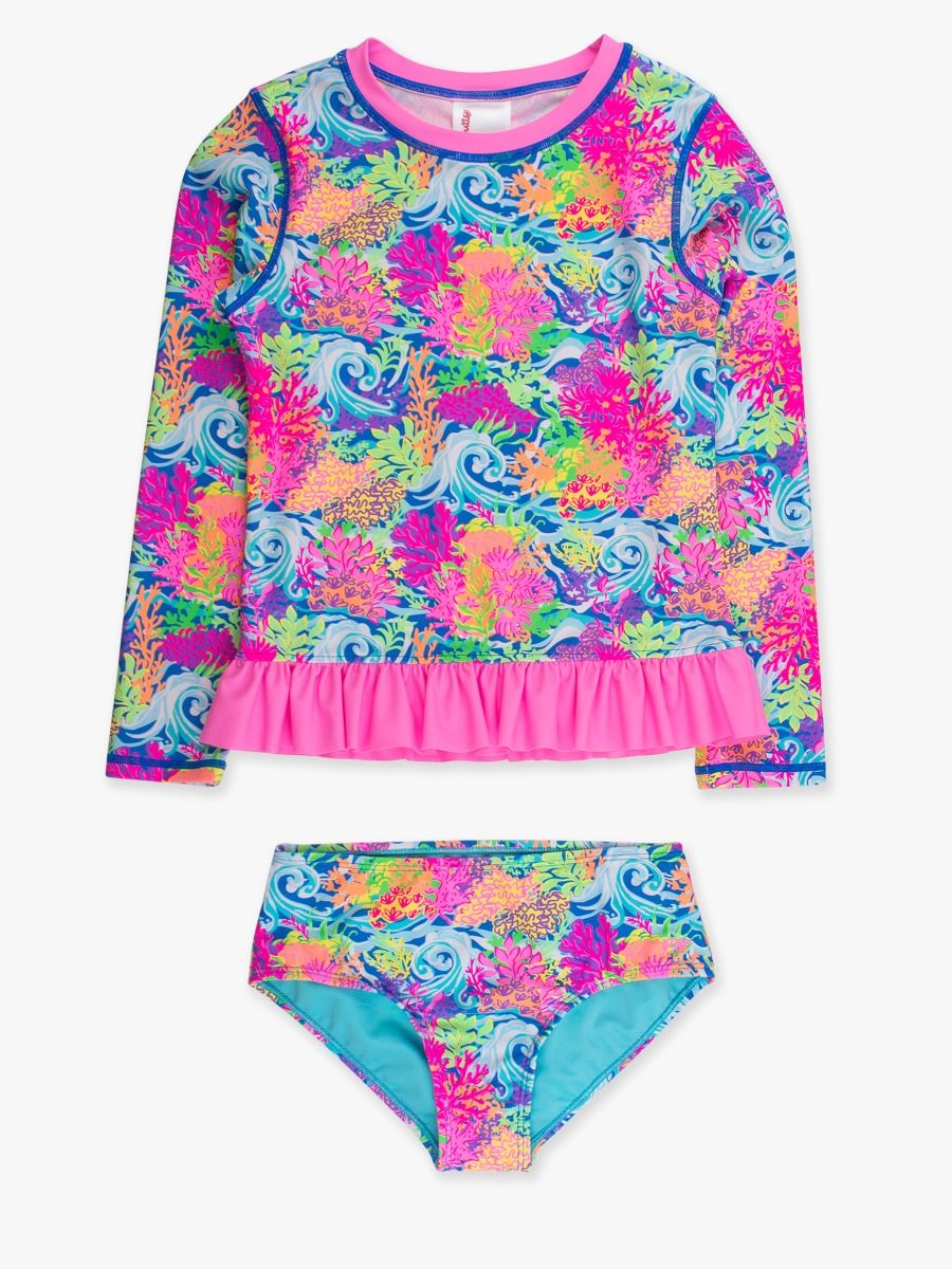 Neon Orange Coral Long Sleeve Rash Guard 2 Piece Seimsuit