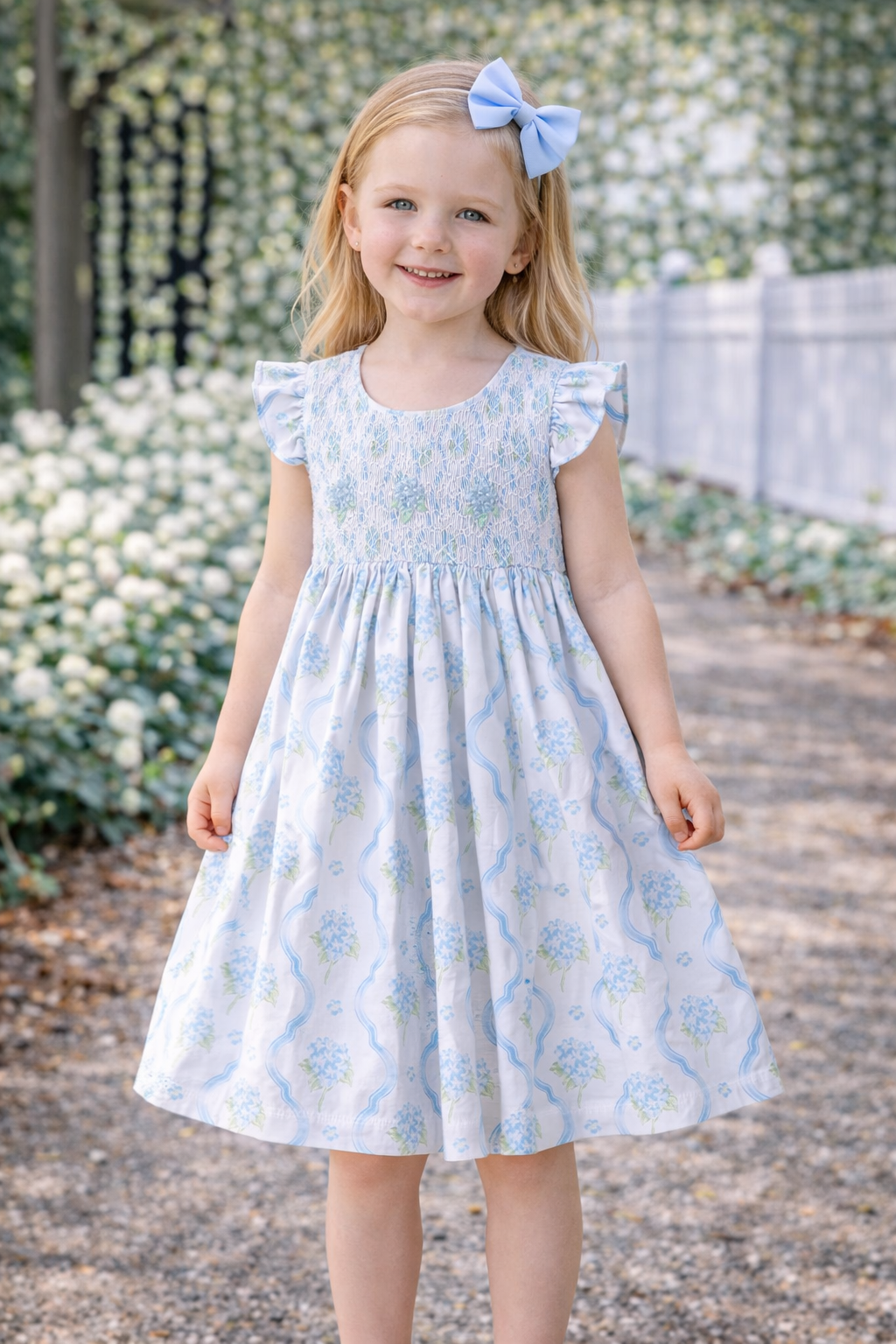 Blue Hydrangea Angel Sleeve Smock Dress