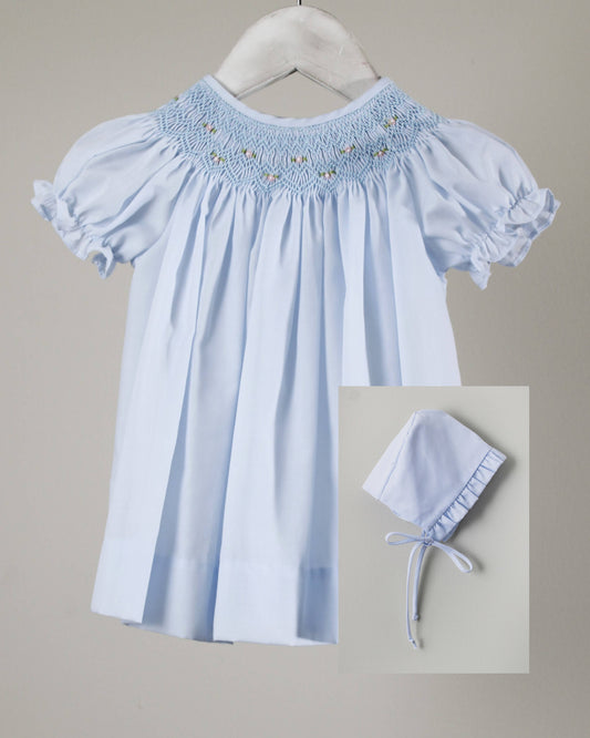 Light Blue Geometric Iris Bishop Dress with Bonnet