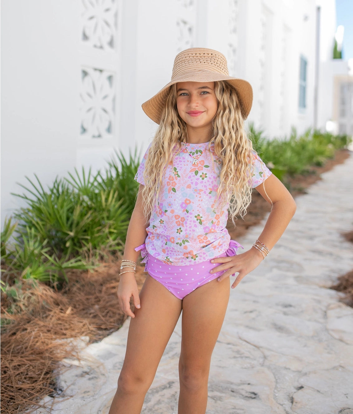 Dainty Floral Rash Guard Ruffle Bottom Swimsuit