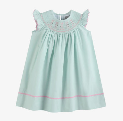 Mint and Pink Easter Bunny Smocked Bishop Dress