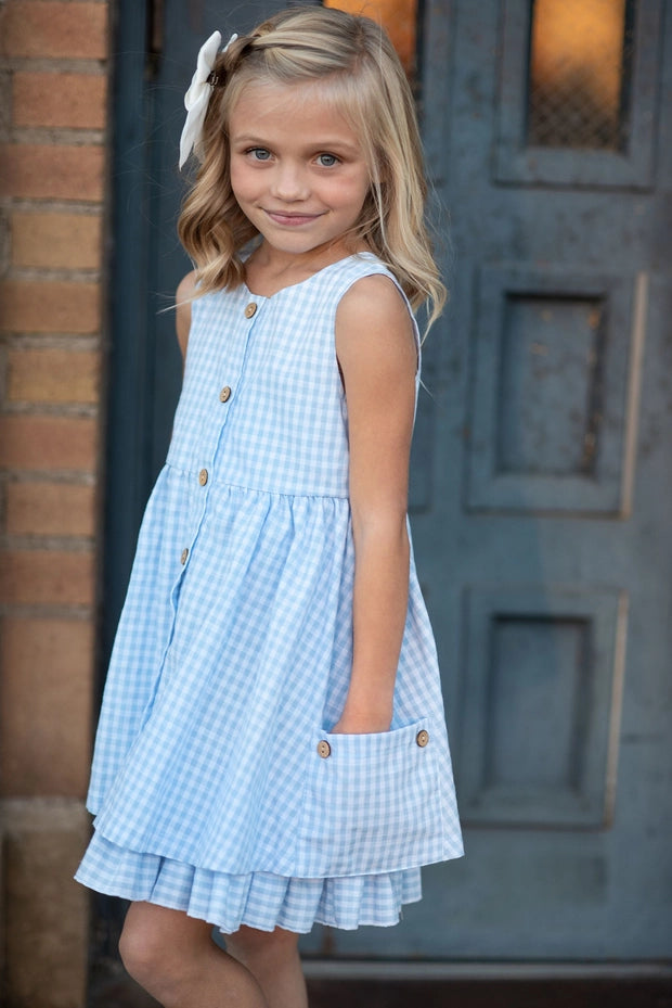 Blue & White Gingham Check Pocket Ruffle Spring Dress