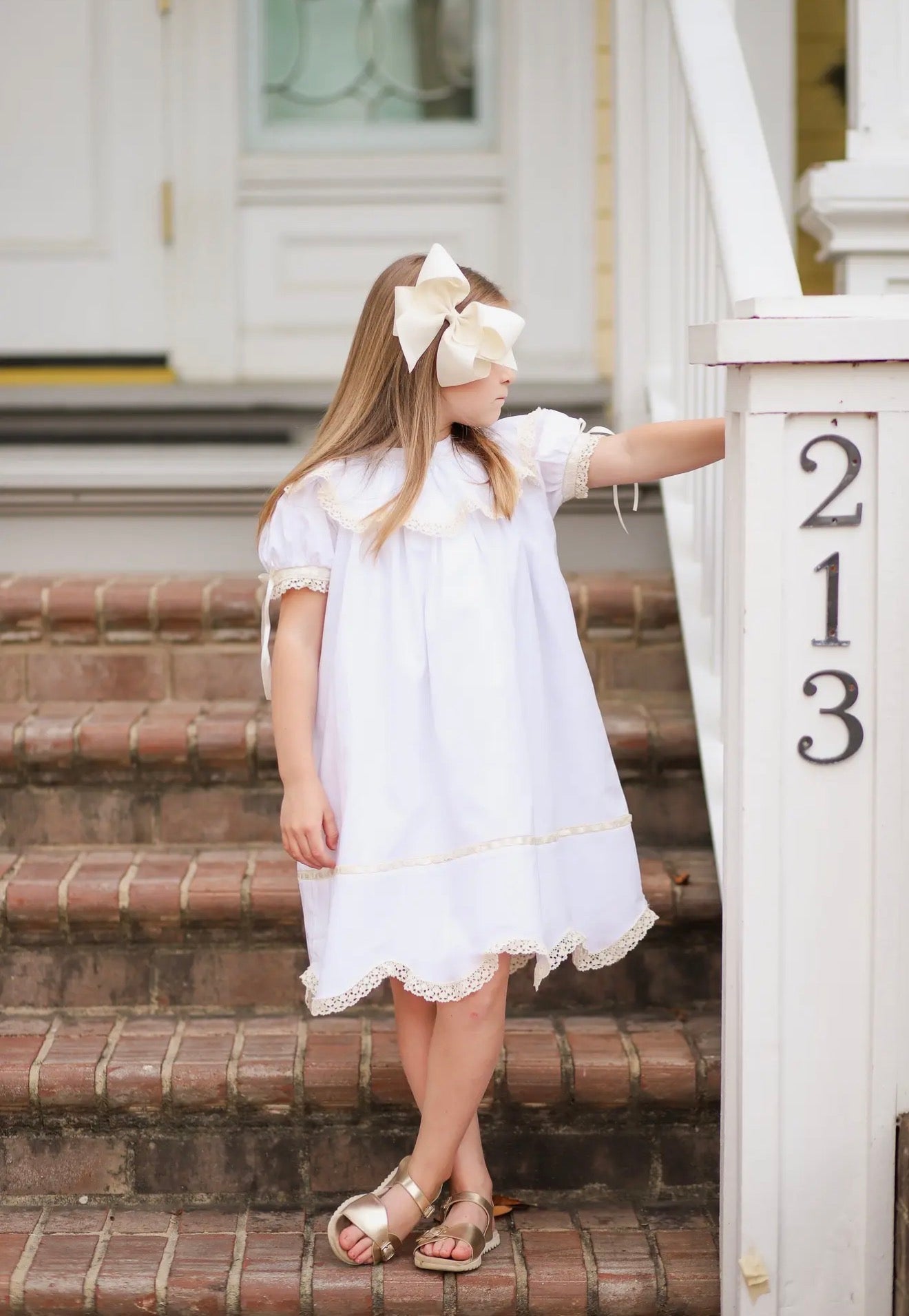 Lancaster Beaded Beaded Collar White Sleeved Girls’ Heirloom Dress