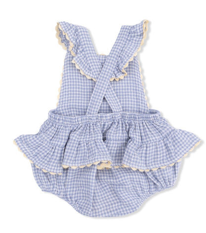 Micro Gingham Blue Blizzard Ric Rac Ruffle Sunsuit