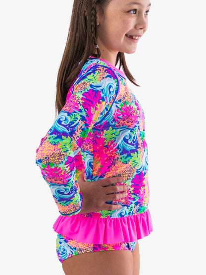 Neon Orange Coral Long Sleeve Rash Guard 2 Piece Seimsuit
