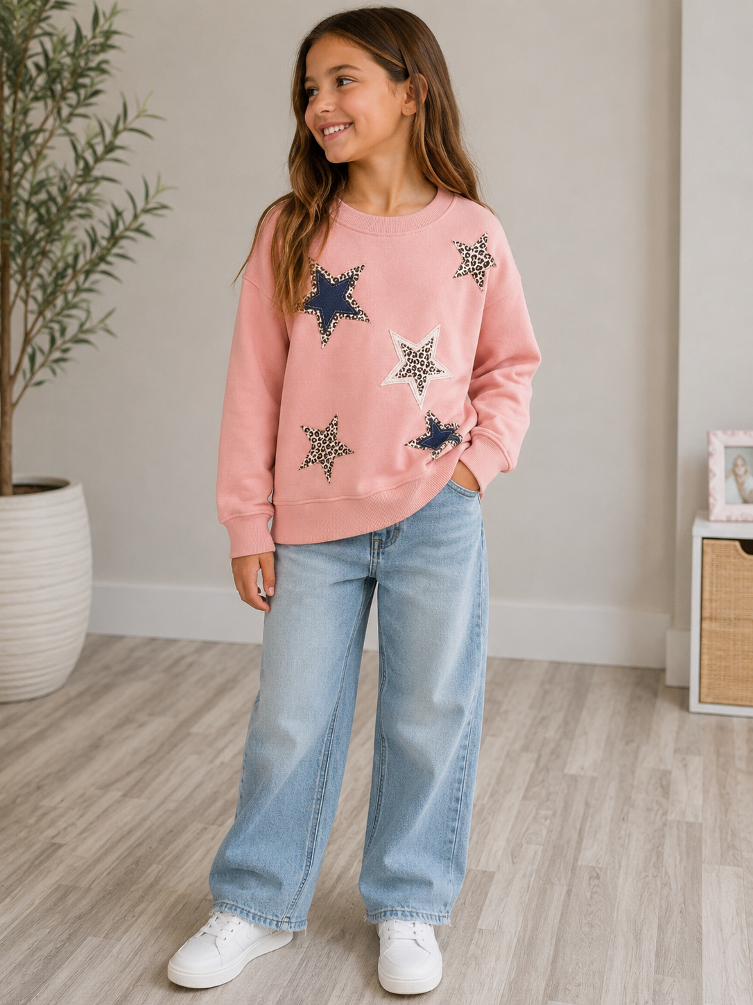 Animal Print Star Appliqué Sweatshirt
