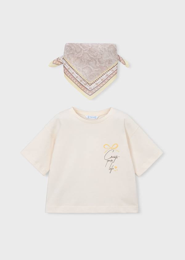 Girls Tee With Printed Neck Scarf