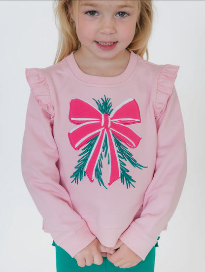 Pink Mistletoe Bow Appliqué Flutter Sweatshirt