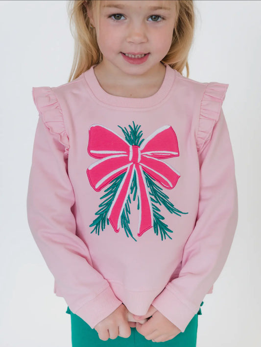 Pink Mistletoe Bow Appliqué Flutter Sweatshirt