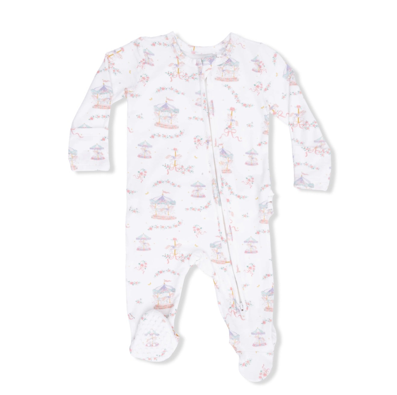 Carousel With Bows Ruffle Back 2 Way Zipper Footie