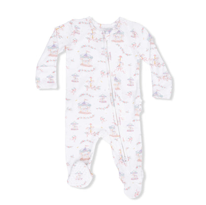 Carousel With Bows Ruffle Back 2 Way Zipper Footie