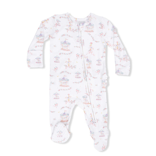 Carousel With Bows Ruffle Back 2 Way Zipper Footie