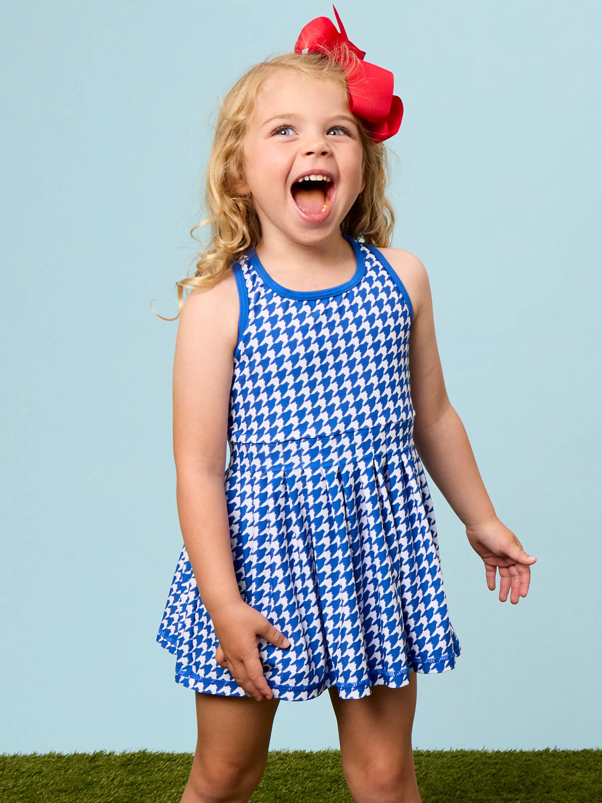 Girls Varsity Blue Houndstooth Pleated Skirt Active Dress & Bike Short Set