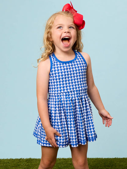 Girls Varsity Blue Houndstooth Pleated Skirt Active Dress & Bike Short Set