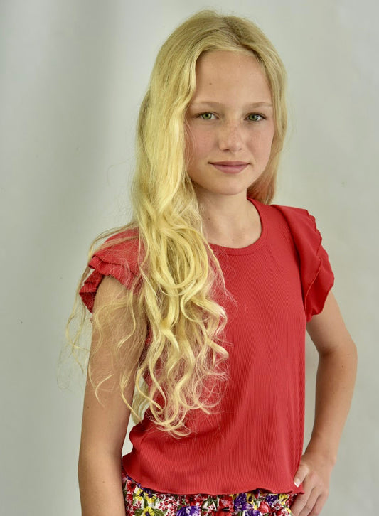 Red Ribbed Ruffle Sleeve Top