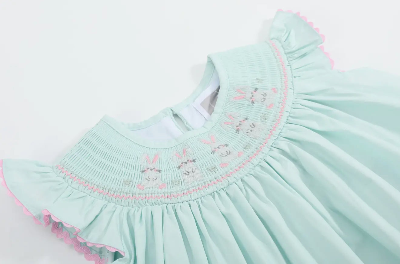 Mint and Pink Easter Bunny Smocked Bishop Dress