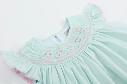 Mint and Pink Easter Bunny Smocked Bishop Dress