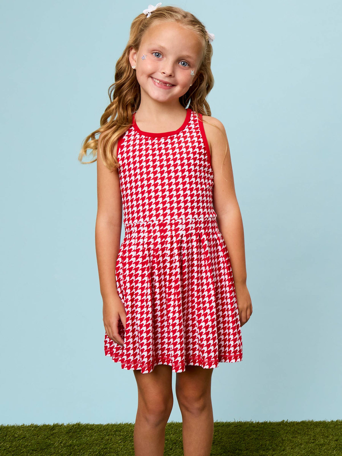 Girls Varsity Red Houndstooth Pleated Skirt Active Dress & Bike Short Set