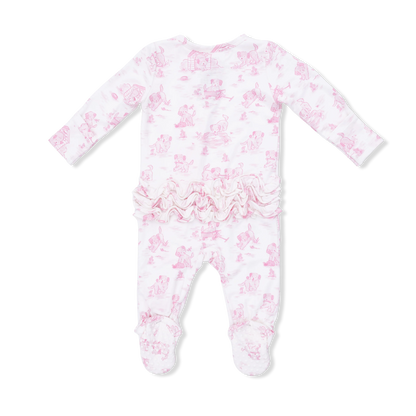 Puppy Pink Toile Ruffle Footie