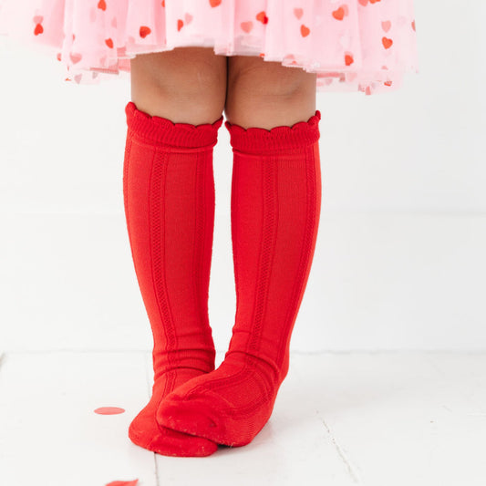 Bright Red Scalloped Knee High