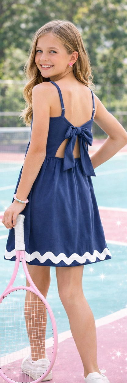 Navy Ric Rac Tie-Back Dress