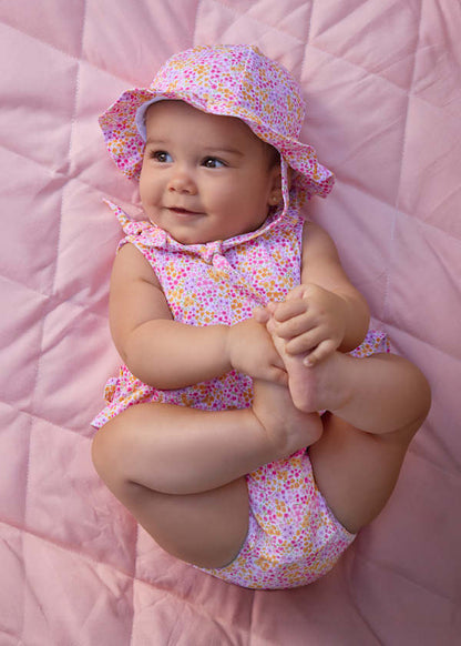 Newborn Girl Floral Printed Romper With Hat Set