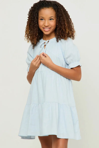 Girls V Neck Tie Detail Cinch Sleeve Dress