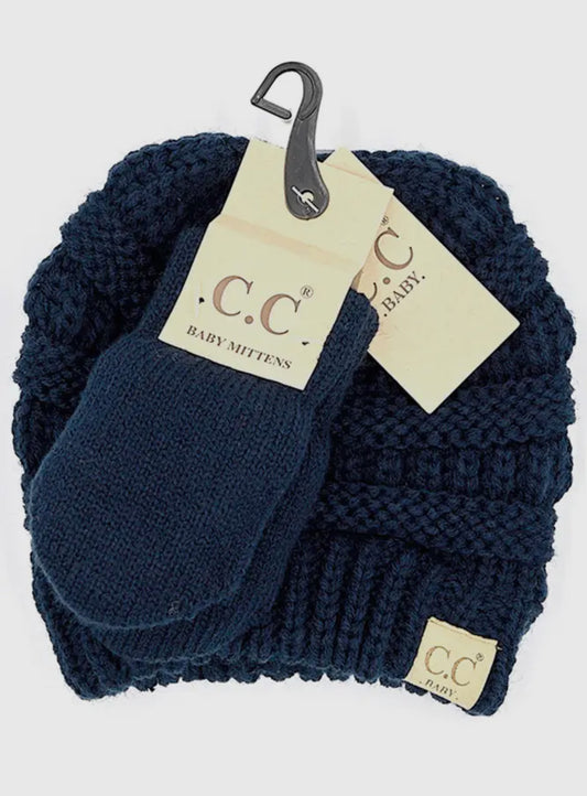 C.C Baby Solid Ribbed Pom Beanie and Mitten Set