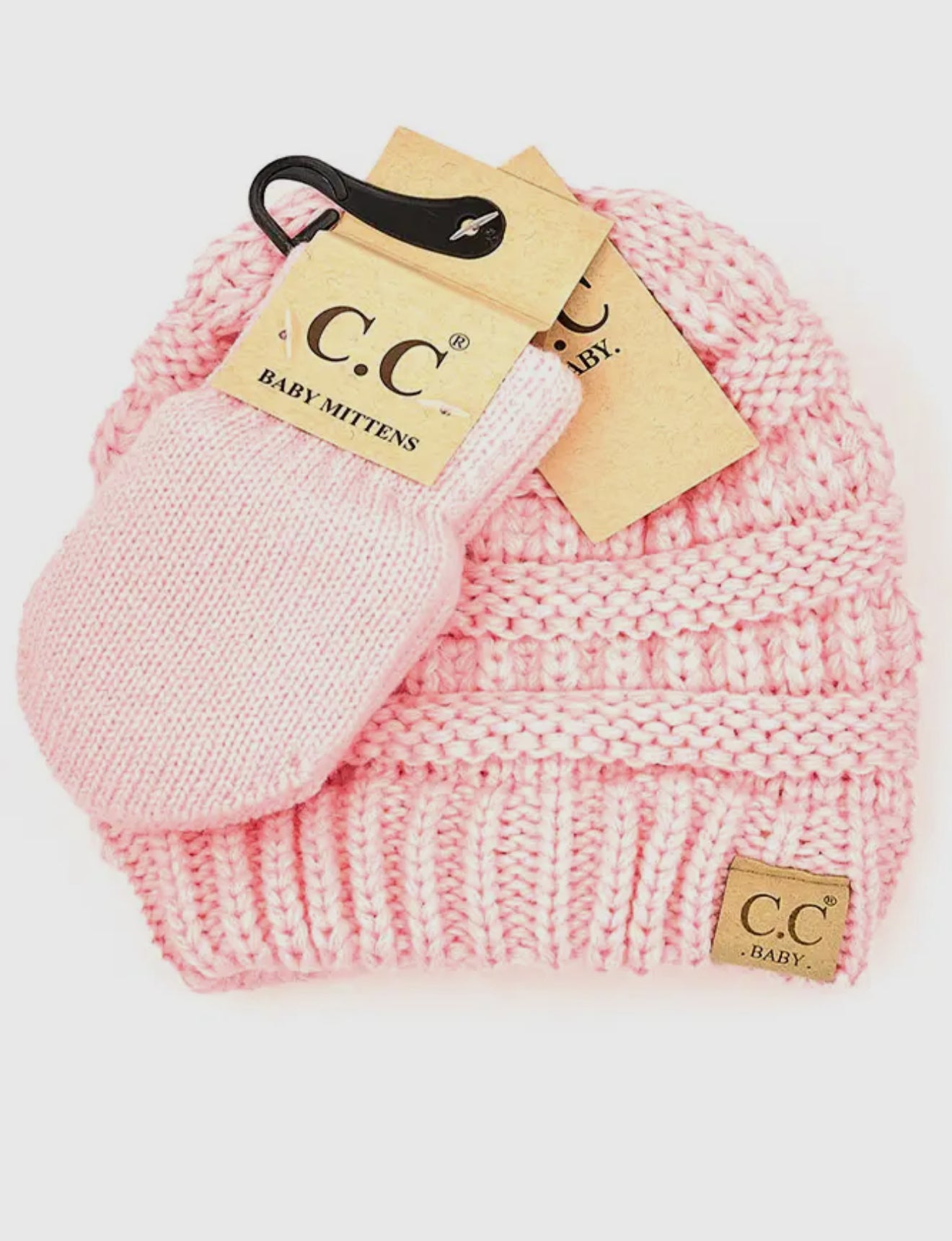 C.C Baby Solid Ribbed Pom Beanie and Mitten Set