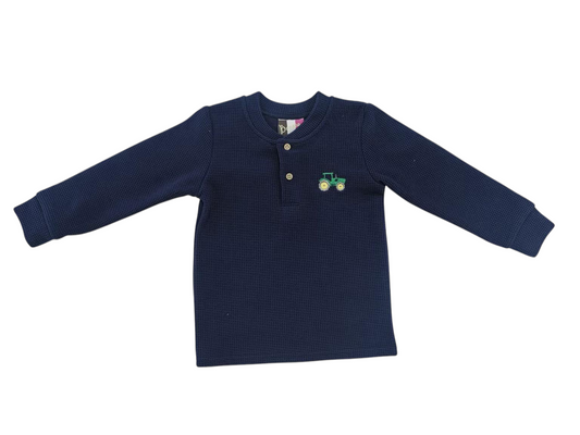 Tractor Embroidered Waffle Knit Henley LS