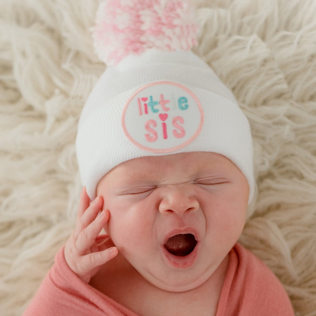 Ilybean White Little SIS Hat with Pink & White Pom Pom