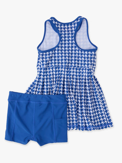 Girls Varsity Blue Houndstooth Pleated Skirt Active Dress & Bike Short Set